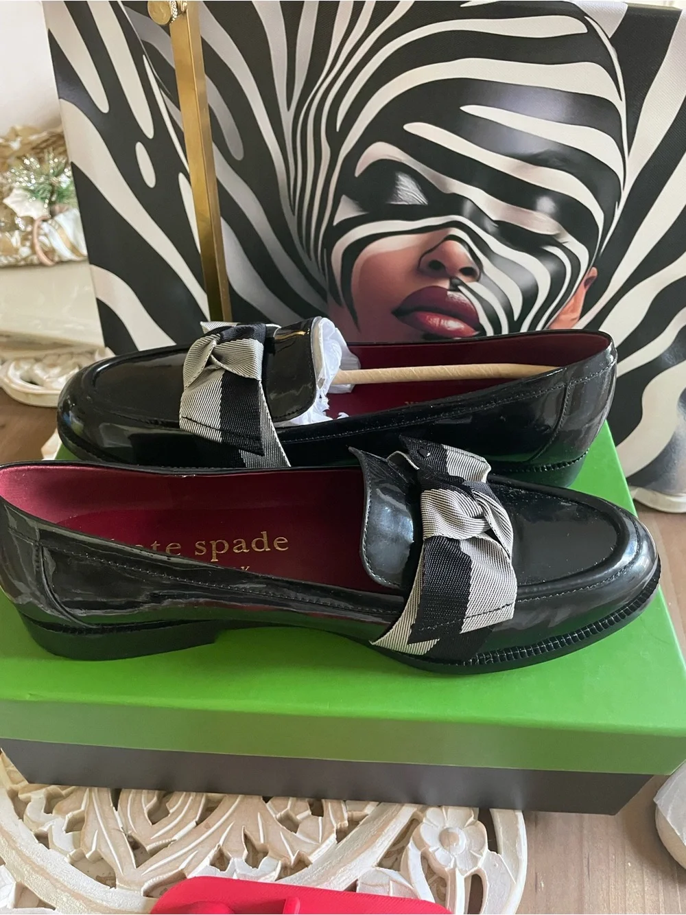 kate spade Black Patent Loafer with Two-Tone Bow Accent